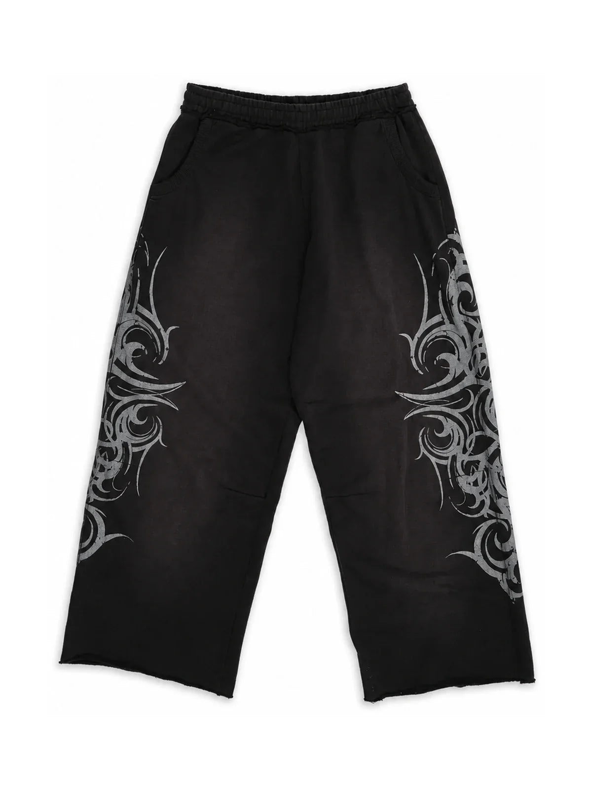 Tribal Current black graphic sweatpants, front view, pure white background
