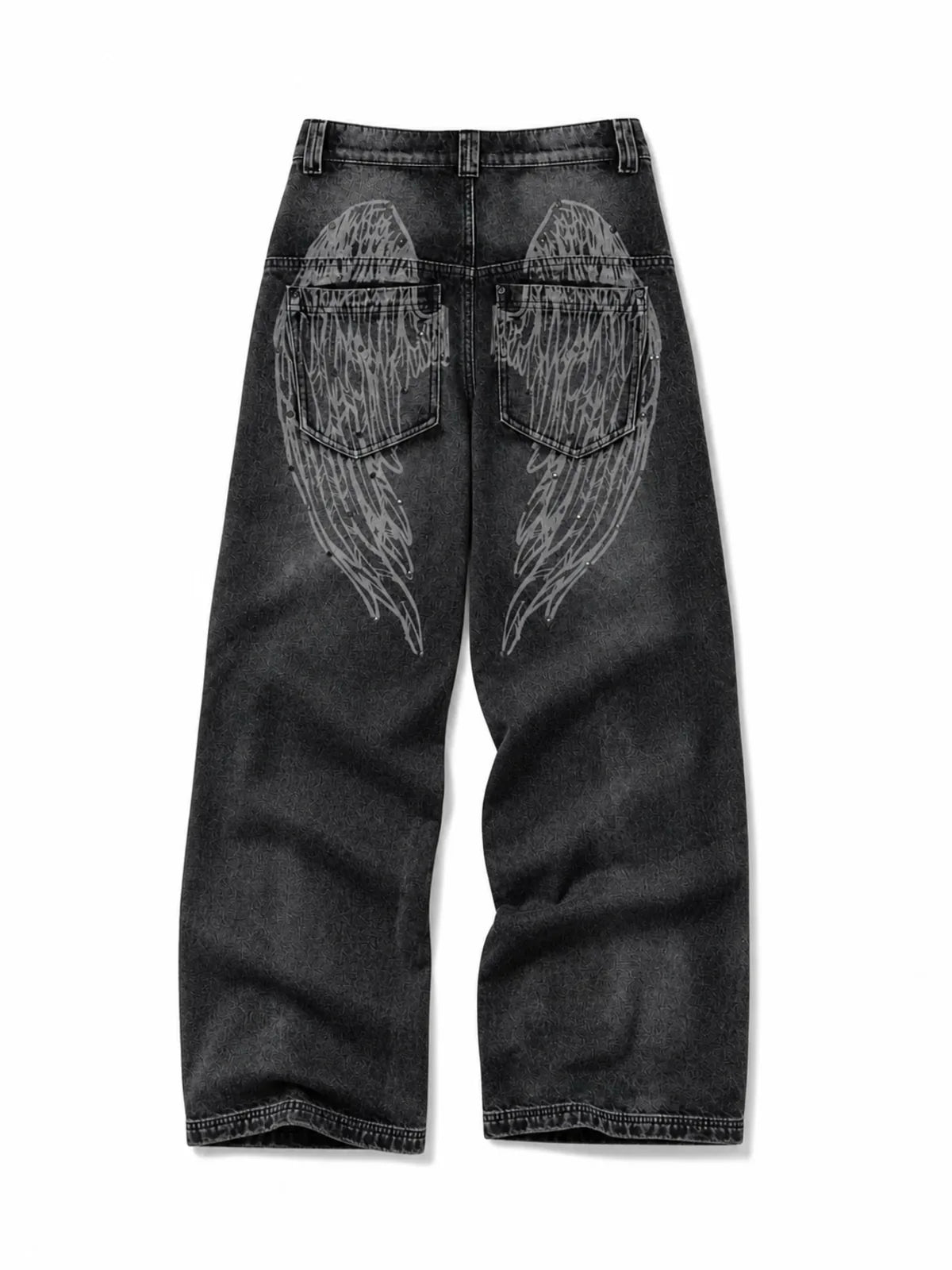 The Ethereal Wing Graphic Jeans - natural flat lay black wing back view on white