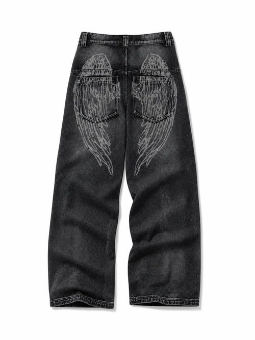 The Ethereal Wing Graphic Jeans - natural flat lay black wing back view on white