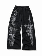 Gothic Reliquary black graphic sweatpants, natural flat lay front view on white