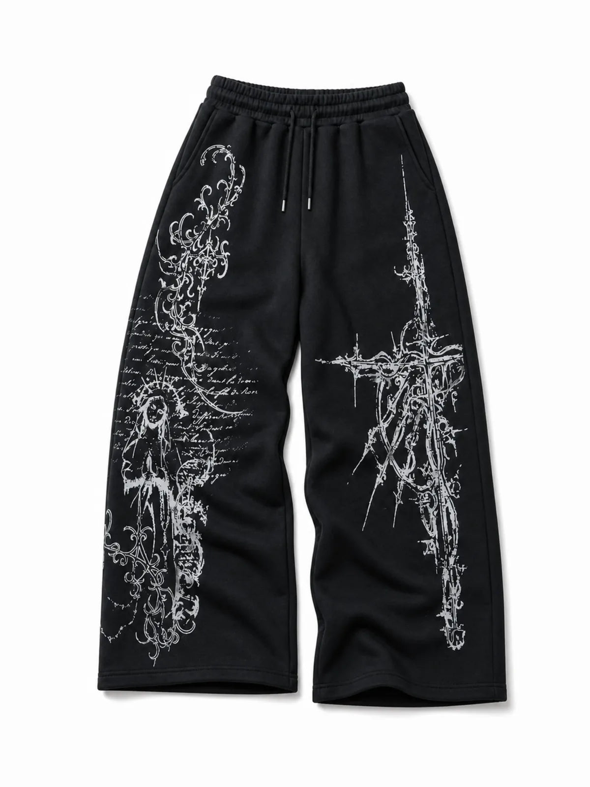 Gothic Reliquary black graphic sweatpants, natural flat lay front view on white