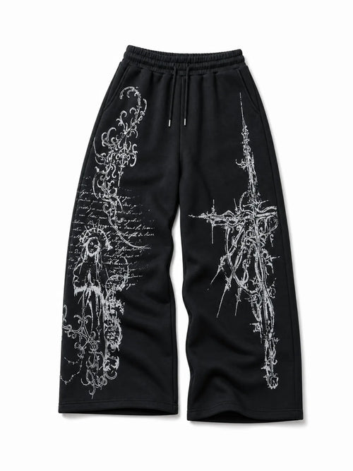 Gothic Reliquary black graphic sweatpants, natural flat lay front view on white