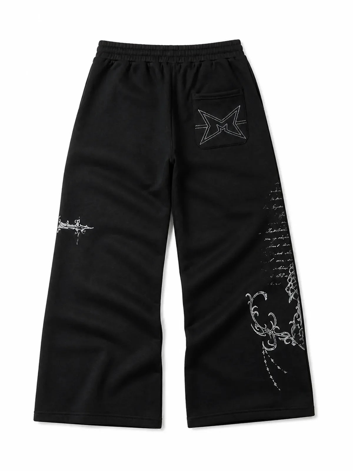 Gothic Reliquary black graphic sweatpants, natural flat lay back view on white