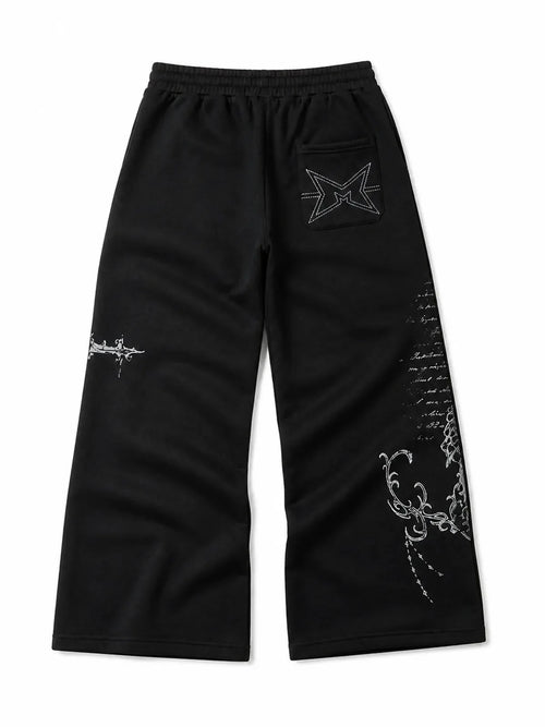 Gothic Reliquary black graphic sweatpants, natural flat lay back view on white