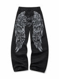 The Fallen Angel Graphic Jeans - natural flat lay black back view with silver wings on white