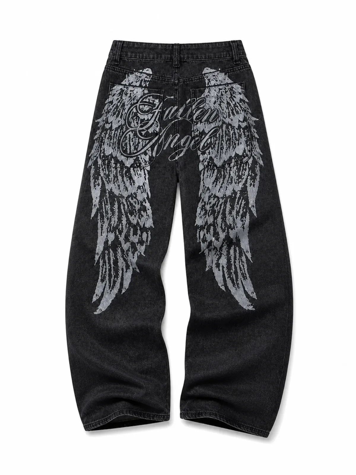 The Fallen Angel Graphic Jeans - natural flat lay black back view with silver wings on white