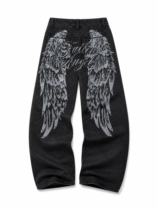 The Fallen Angel Graphic Jeans - natural flat lay black back view with silver wings on white