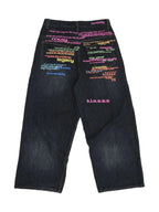 RENAMED Backtalk Wide-Leg Jeans in dark wash, multicolor graphic back white-background flat lay