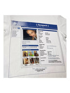 Close-up of blue retro profile graphic print on white tee