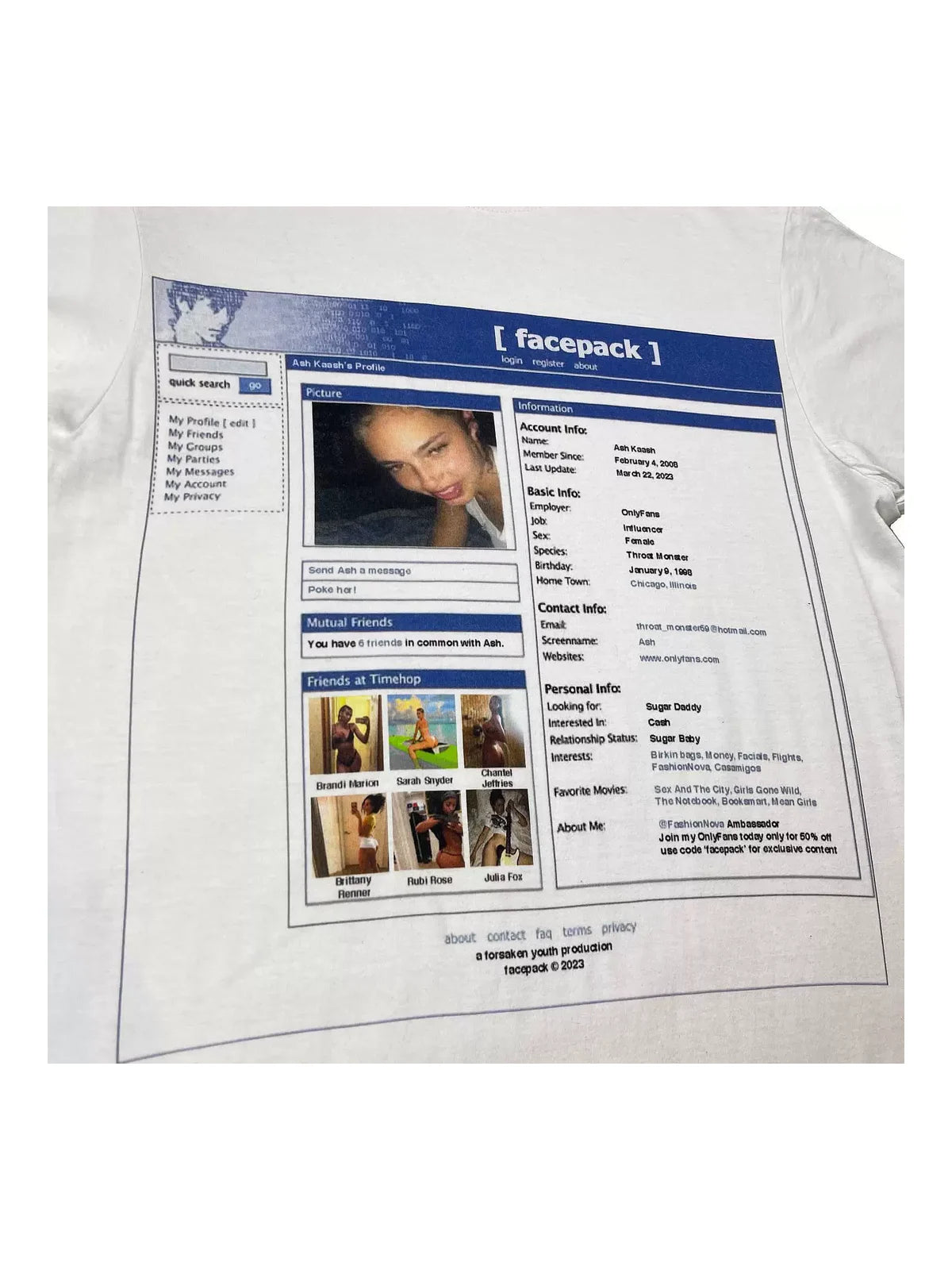 Close-up of blue retro profile graphic print on white tee
