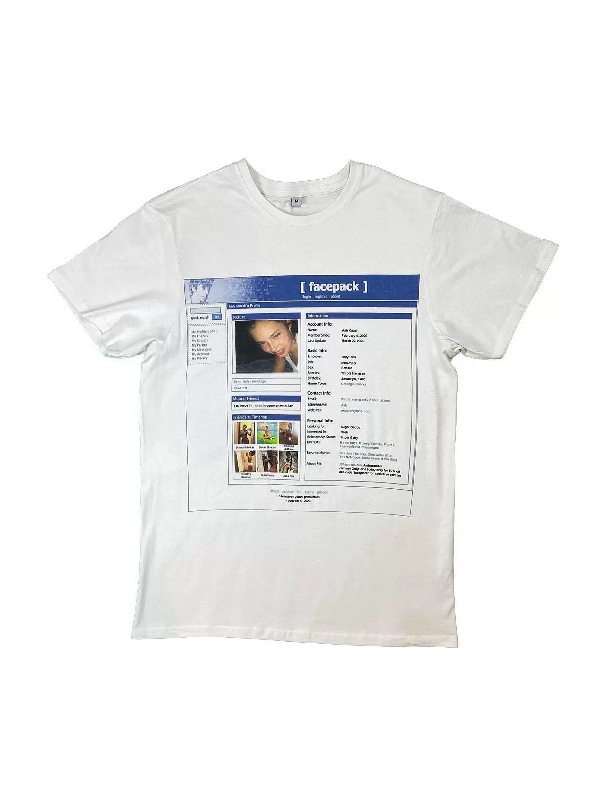 White short-sleeve graphic tee with blue retro profile print, front view