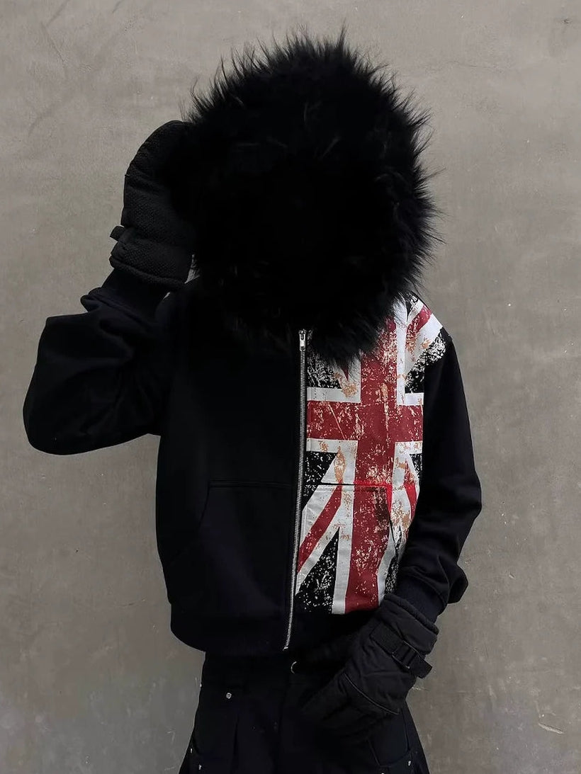 Black fur-hood Union flag hoodie styled on model