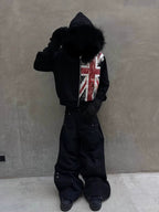 Black fur-trim hoodie with Union flag front graphic on model