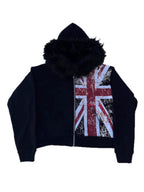 Black fur-hood hoodie with distressed Union flag print on white background