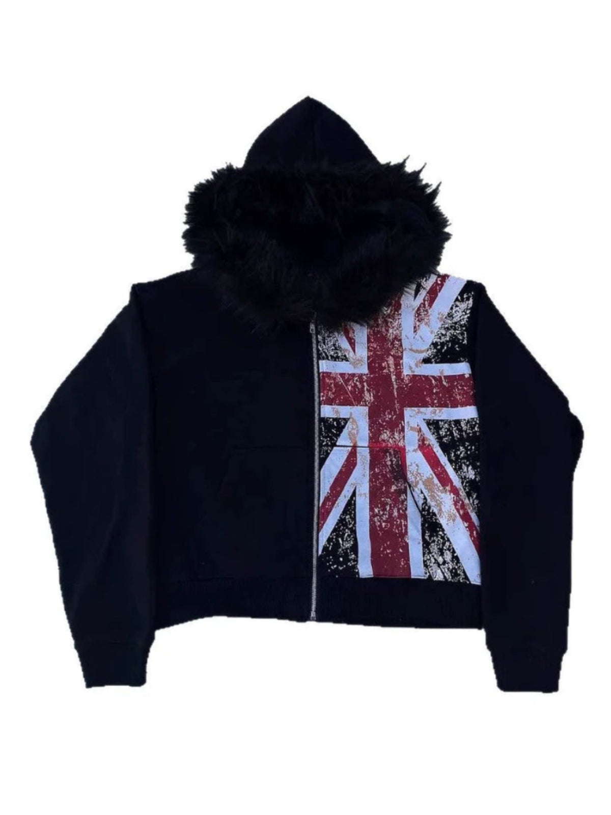Black fur-hood hoodie with distressed Union flag print on white background