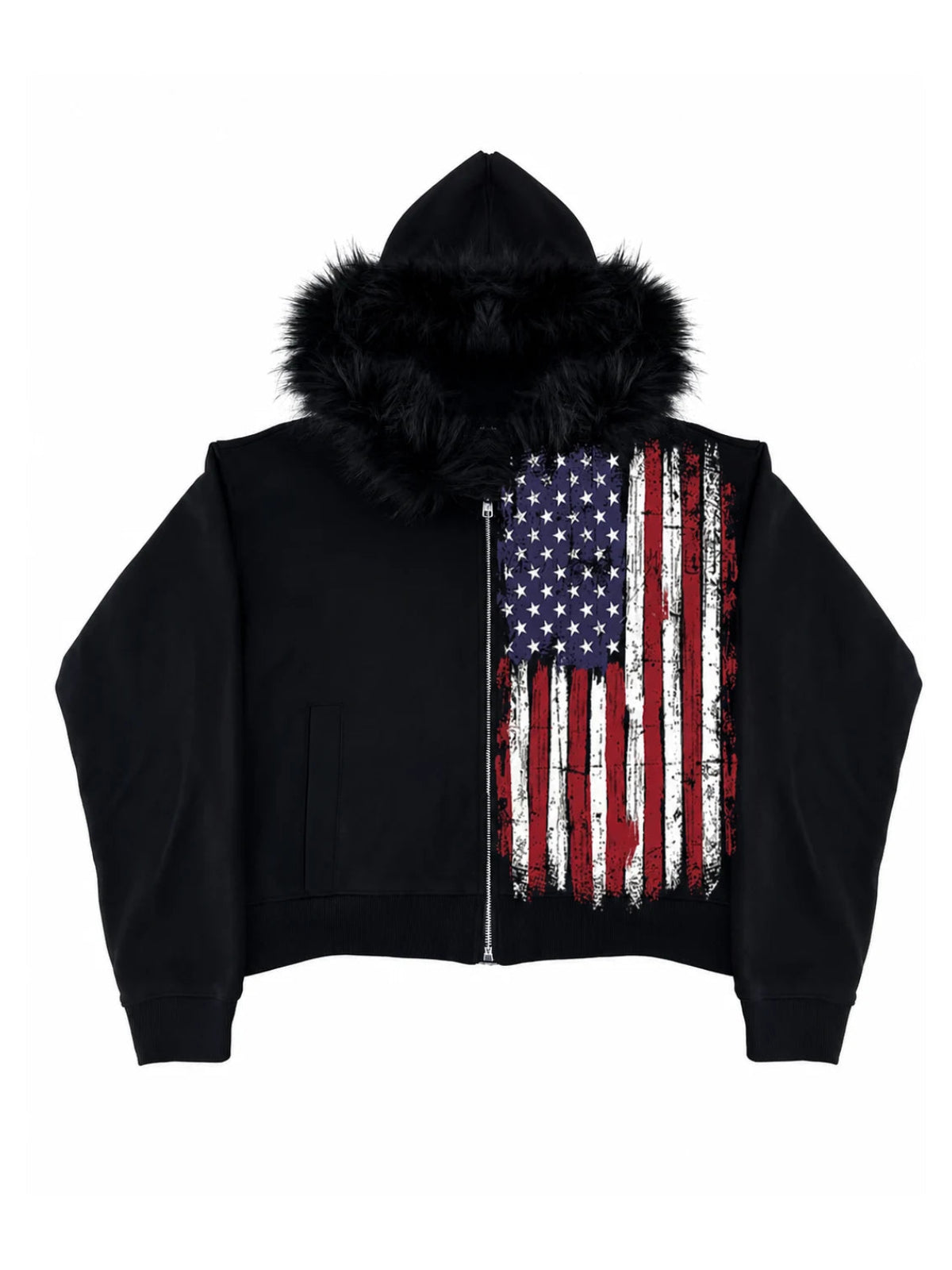 Black fur-hood hoodie with distressed flag print on white background