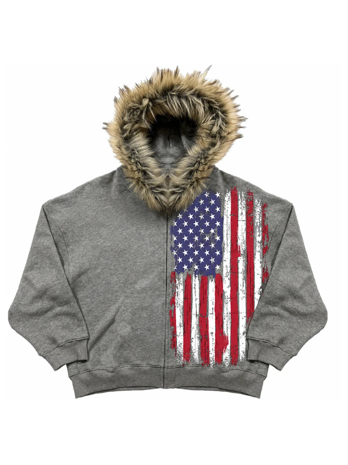 Gray fur-hood hoodie with distressed flag print on white background