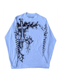Pale blue long-sleeve tee with black gothic sigil graphic on white background