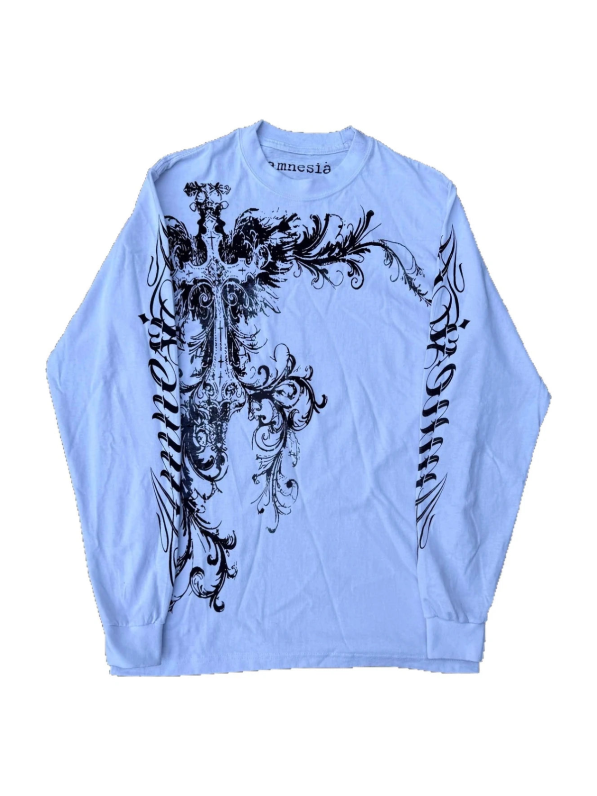 Pale blue long-sleeve tee with black gothic sigil graphic on white background