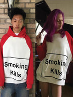 Two models wearing red and white Smoking Kills raglan hoodies