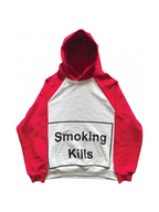 Red and white raglan pullover hoodie with Smoking Kills graphic on white background
