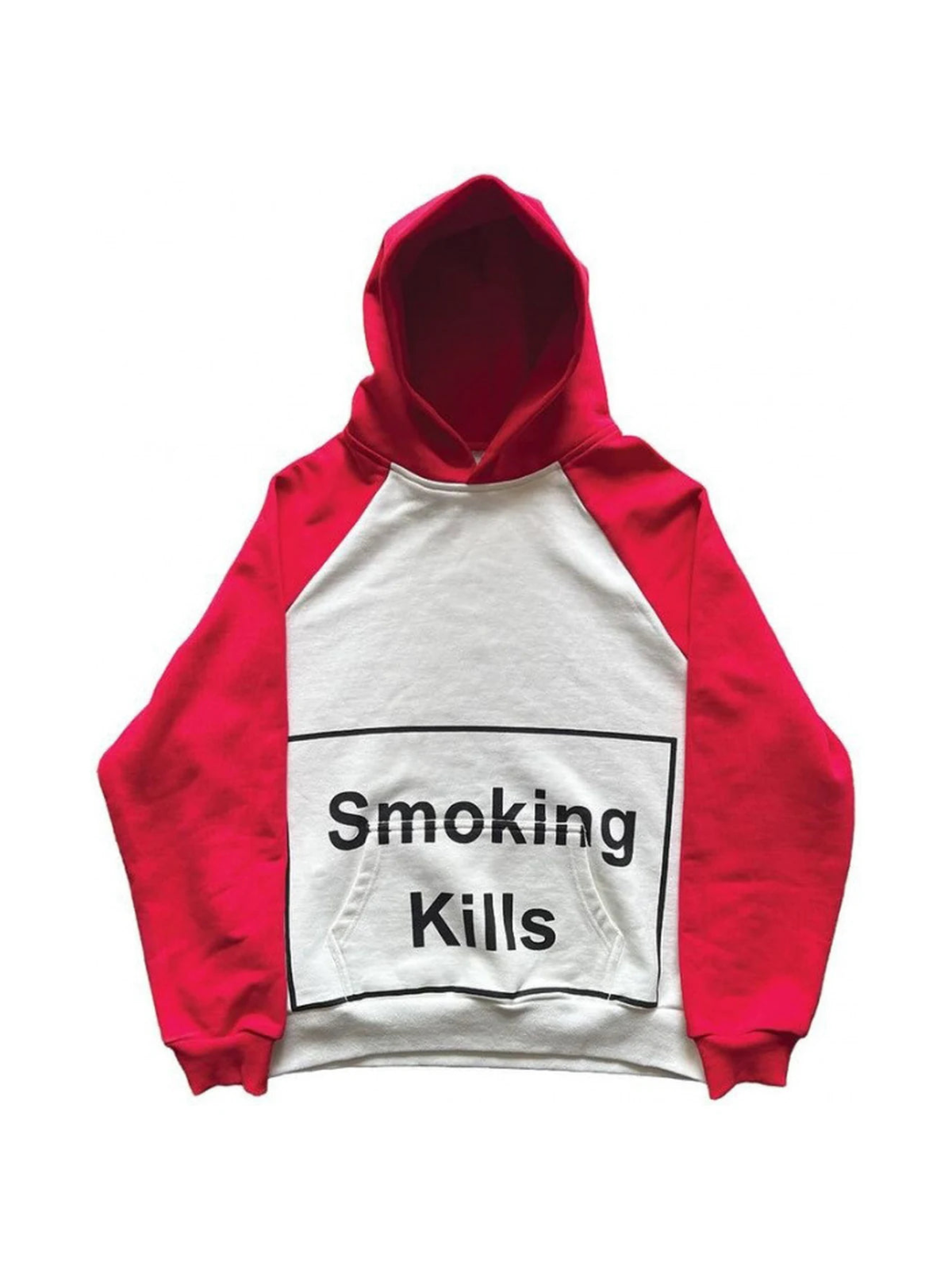 Red and white raglan pullover hoodie with Smoking Kills graphic on white background