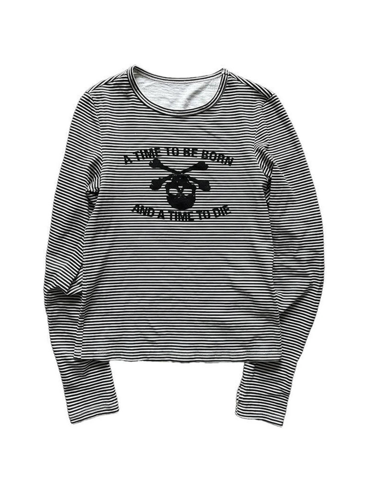 Black and white striped long-sleeve tee with skull graphic on white background