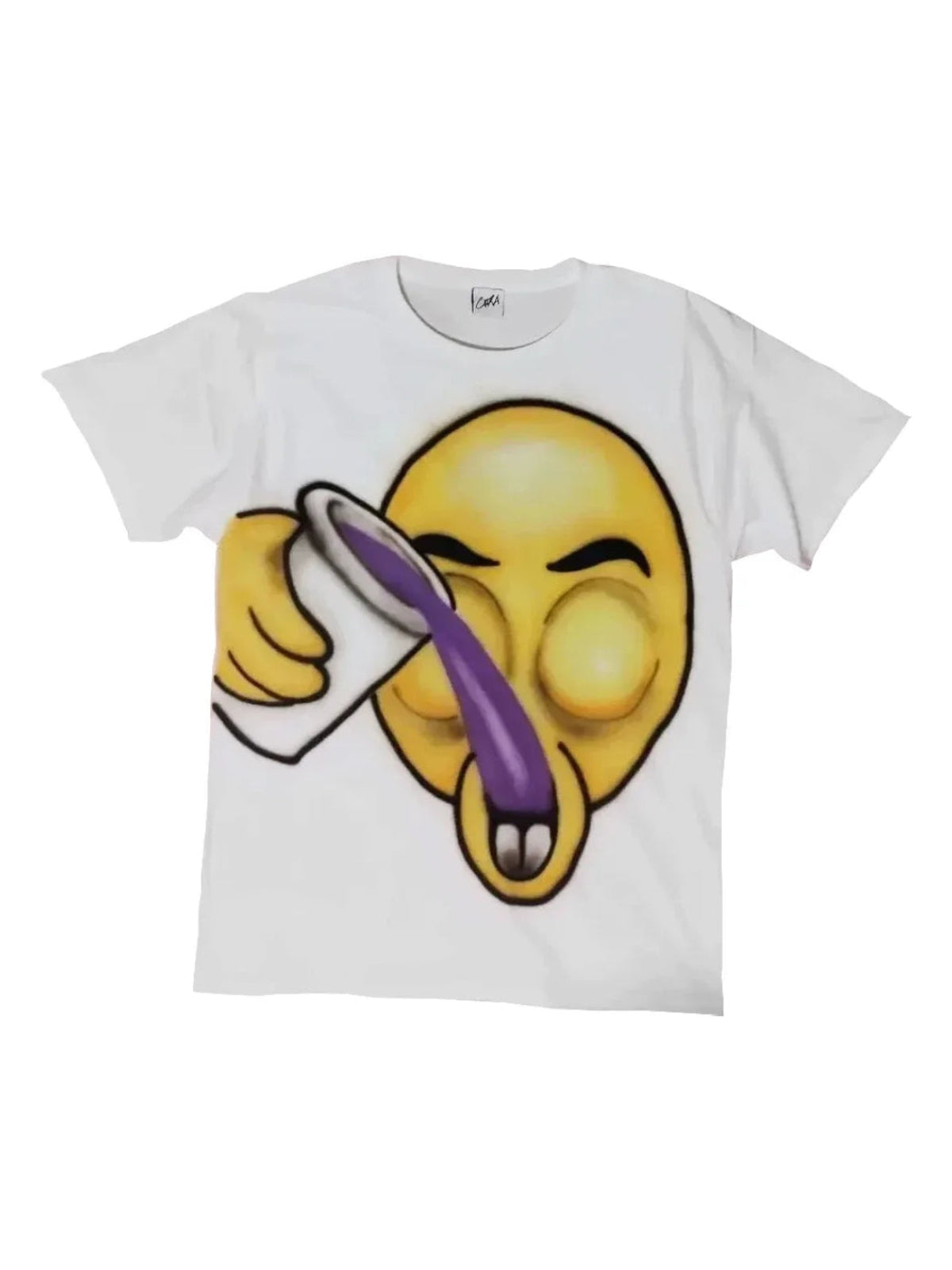 White oversized graphic T-shirt with surreal yellow emoji print