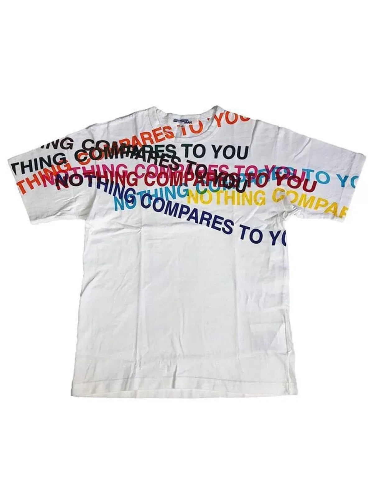 White oversized T-shirt with multicolor layered text graphic