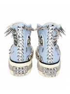 Baby blue studded high-top sneakers back view with spike heel and rhinestone back panel