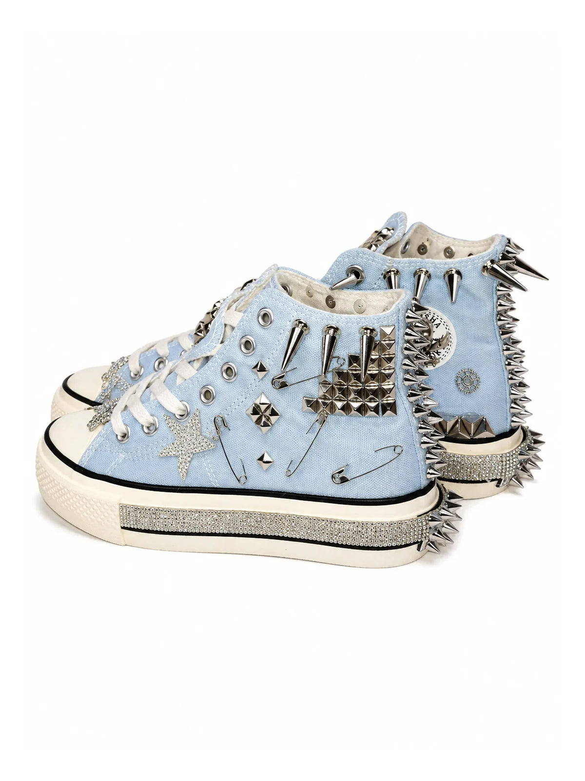 Baby blue studded high-top sneakers side view with spikes and rhinestone sole trim