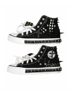 Black flat and 5cm platform studded high-top sneakers side comparison on white background