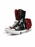 Red check cross studded high-top sneakers on white background