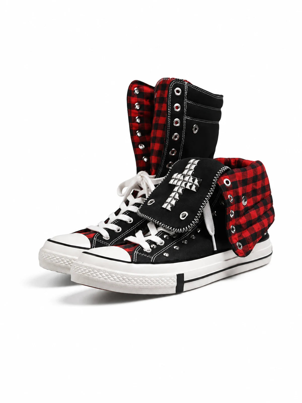 Red check cross studded high-top sneakers on white background