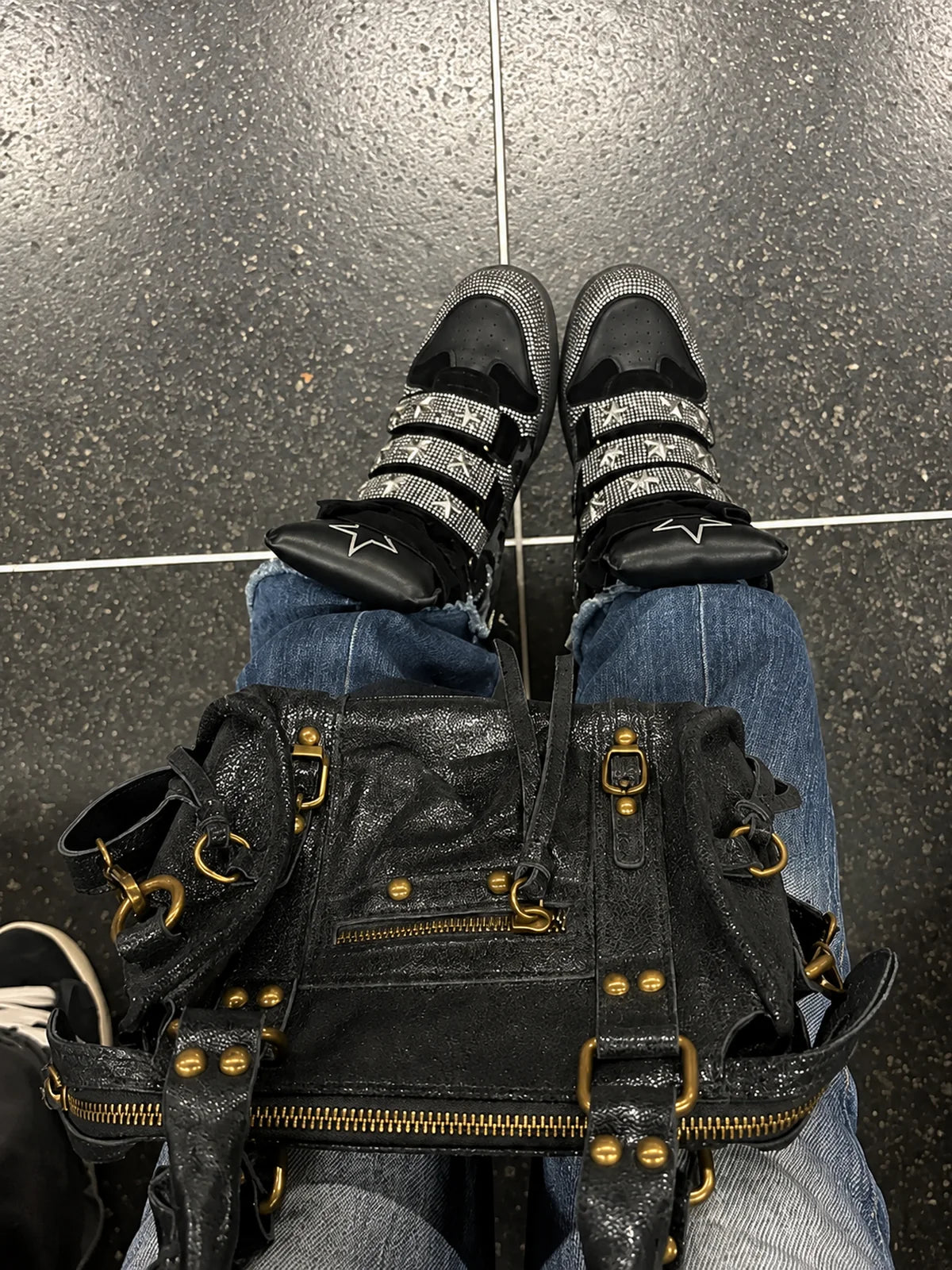 Black leopard silver rhinestone wedge sneakers top view with bag lifestyle photo