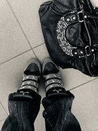 Black leopard silver rhinestone wedge sneakers close top view lifestyle photo
