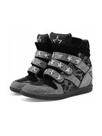Black leopard silver rhinestone wedge sneakers on white background