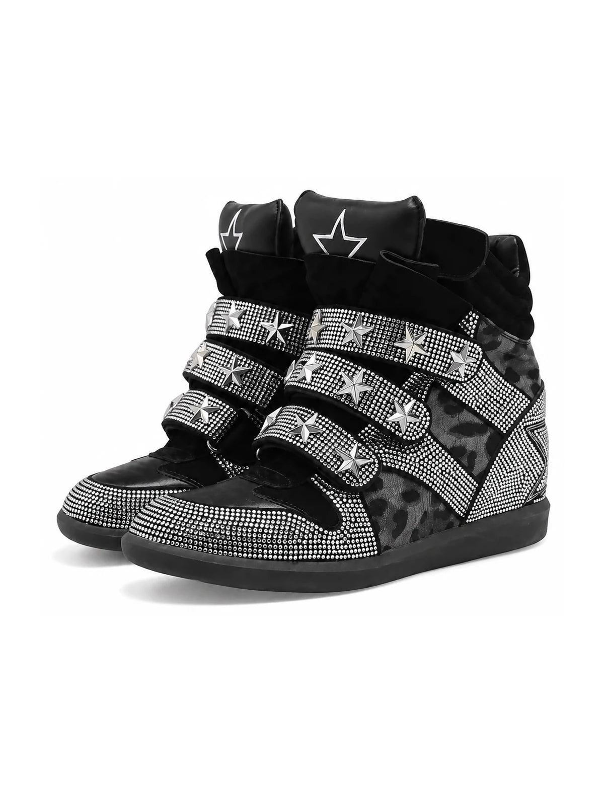 Black leopard silver rhinestone wedge sneakers on white background