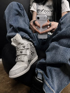 Ivory leopard silver rhinestone wedge sneakers worn in mirror lifestyle view