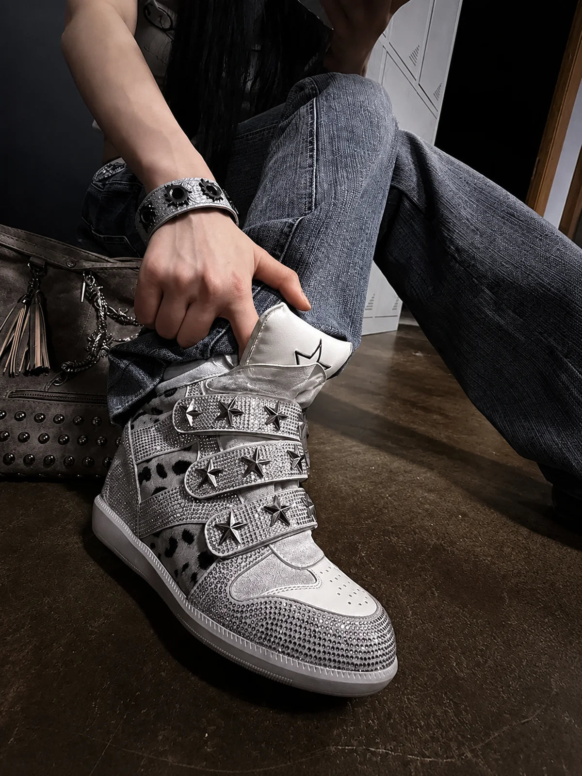 Ivory leopard silver rhinestone wedge sneakers close-up lifestyle view