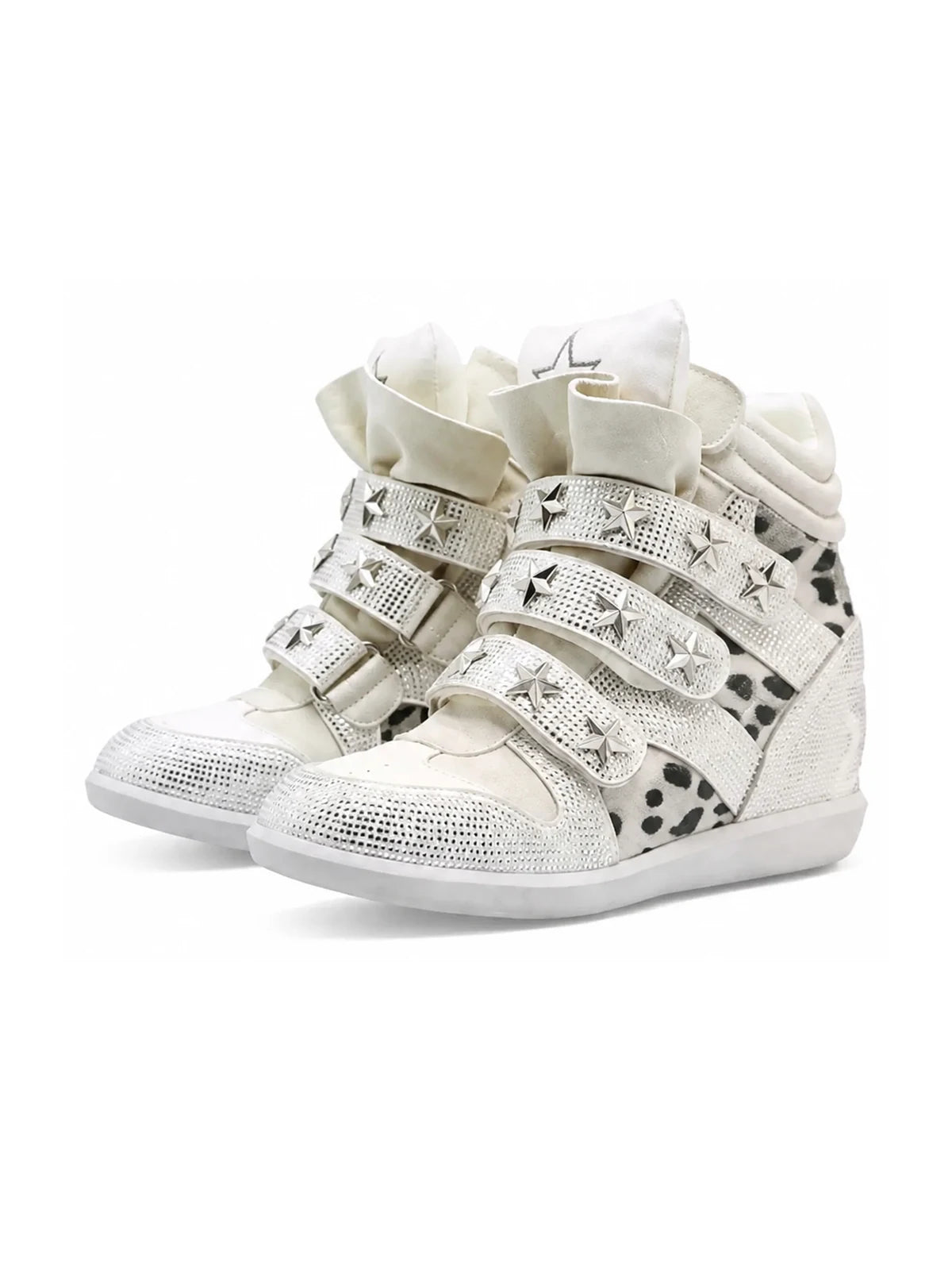 Ivory leopard silver rhinestone wedge sneakers on white background