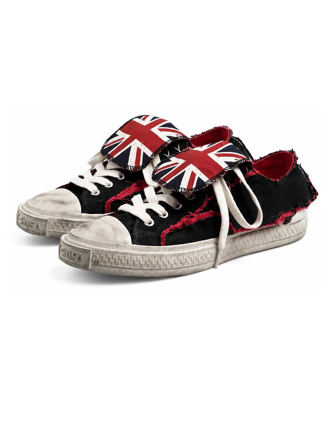 Black red distressed low-top sneakers on white background