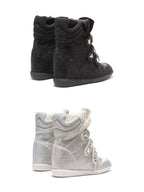 White and black rhinestone wedge sneakers rear-view comparison