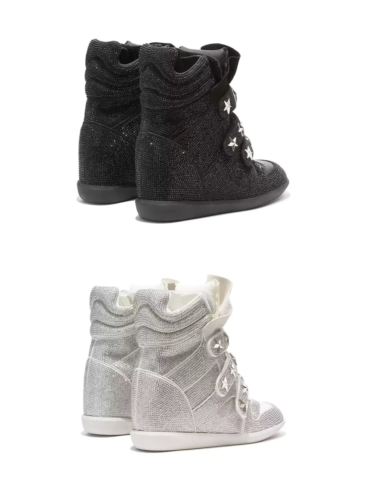 White and black rhinestone wedge sneakers rear-view comparison