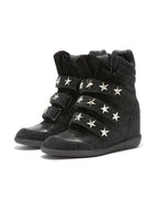 Black Rhinestone star-strap wedge sneakers on white background