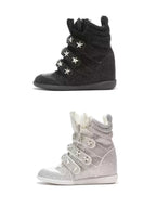 White and black rhinestone wedge sneakers side-view comparison