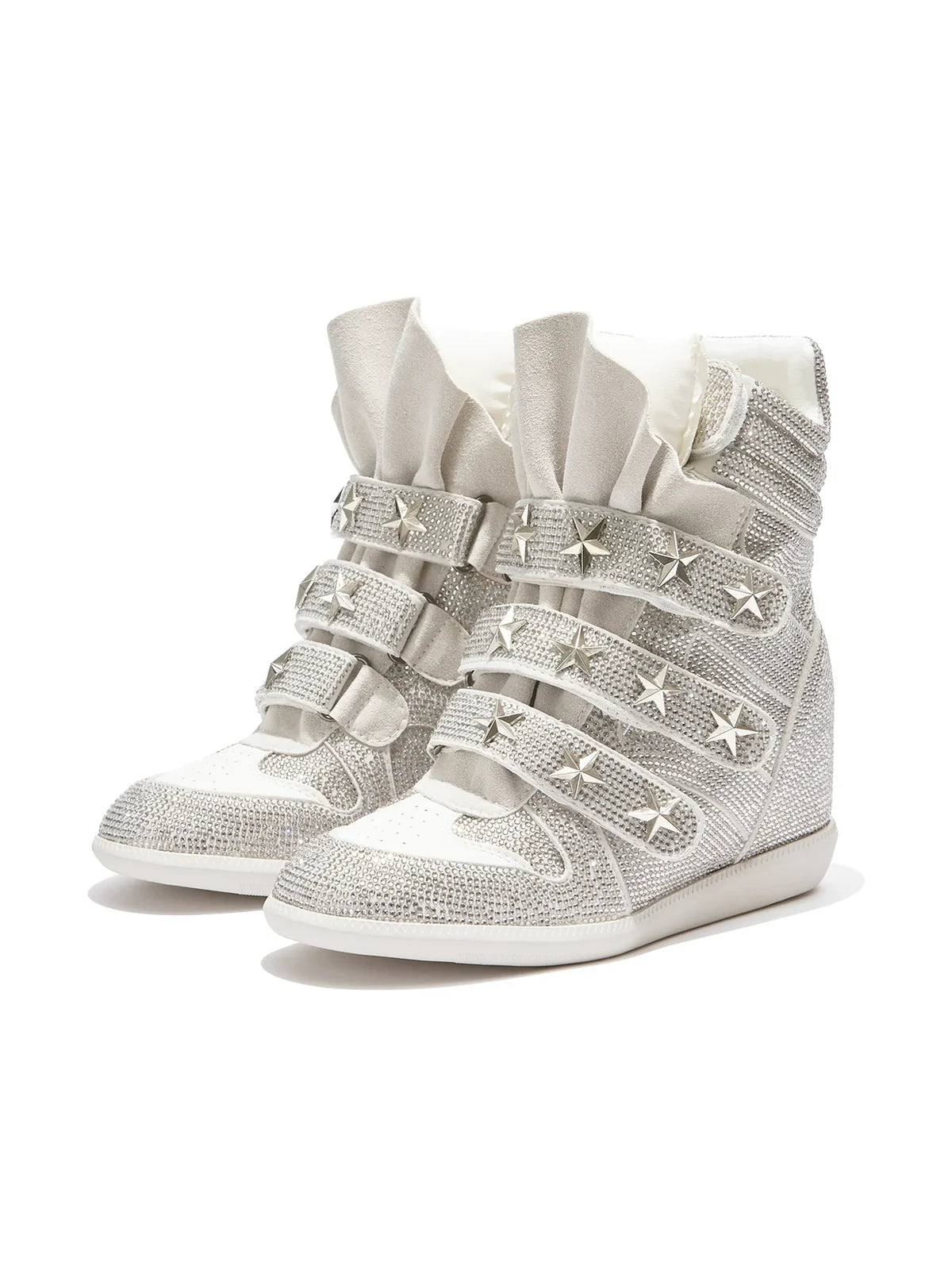 White Rhinestone star-strap wedge sneakers on white background