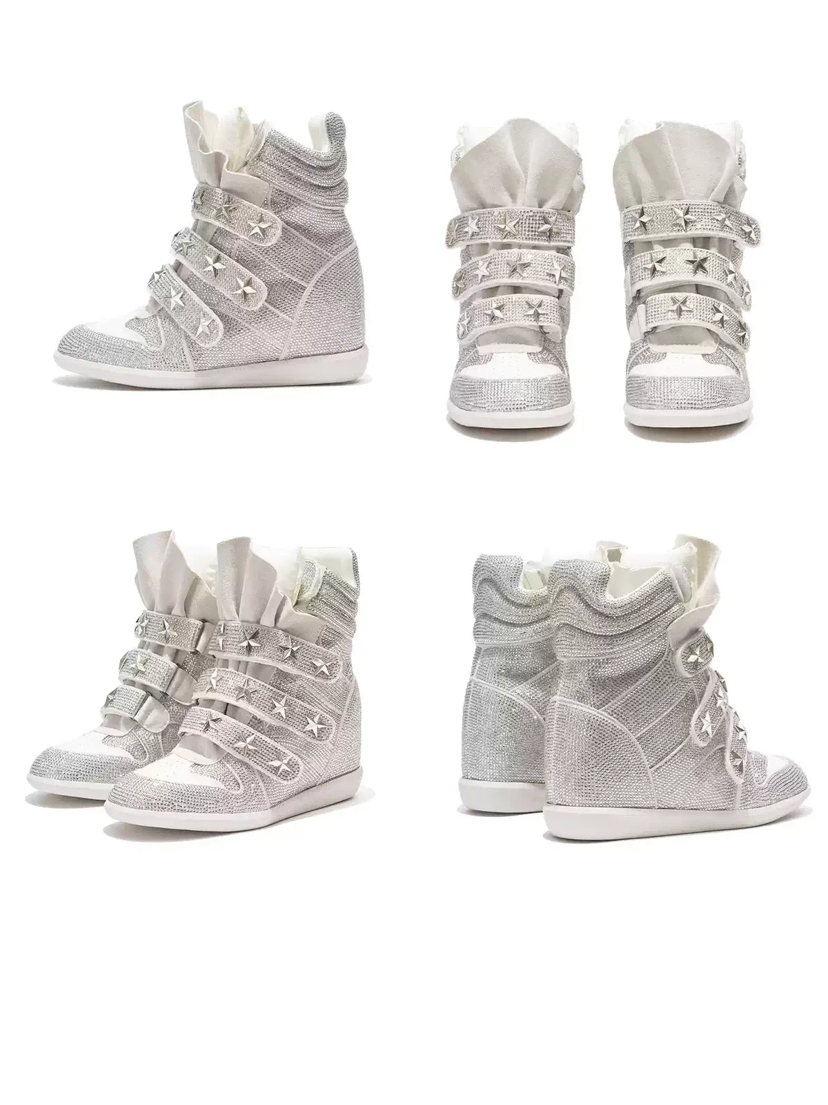 White Rhinestone wedge sneakers multi-view collage