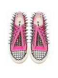 Pink spiked low-top sneakers top front detail on white background