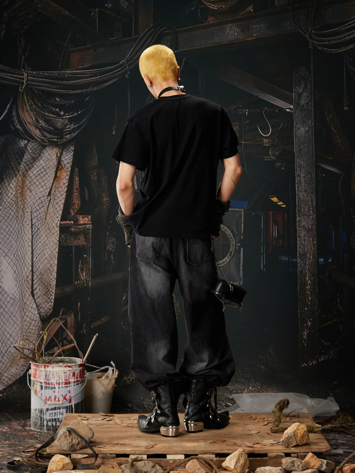 Black Riveted Fade Baggy Jeans back styled look